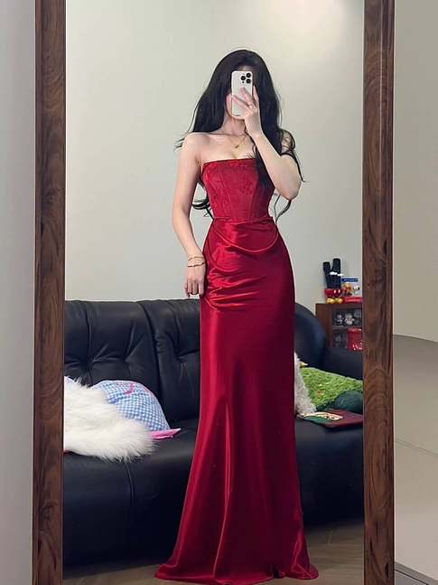 Sexy Mermaid Strapless Burgundy Satin Long Prom Dresses Inspiration Prom Dress Senior Graduation Dress AU475