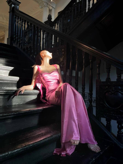 Elegant Mermaid Square Neck Pink Satin Prom Dresses Party Dress 16th Birthday Outfits Senior Graduation Dress AU476