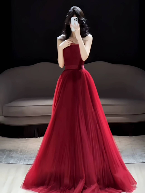 Classy A line Strapless Burgundy Tulle Long Prom Dresses Inspiration Prom Dress Senior Graduation Dress AU478