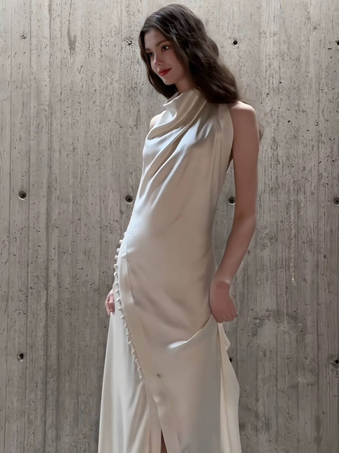Vintage Sheath High Neck Satin Wedding Dress Bride Gown Fairytale Wedding Dresses AU479