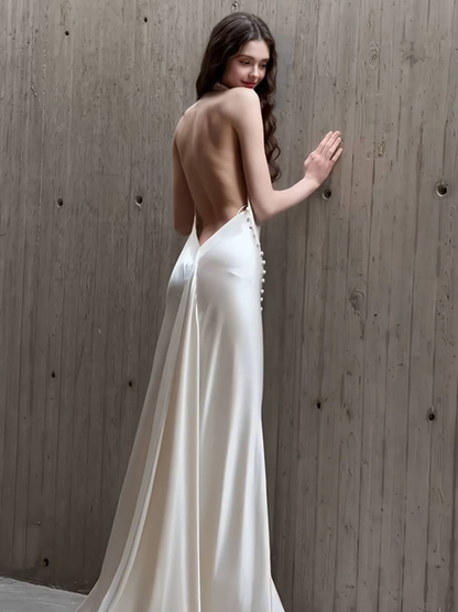 Vintage Sheath High Neck Satin Wedding Dress Bride Gown Fairytale Wedding Dresses AU479