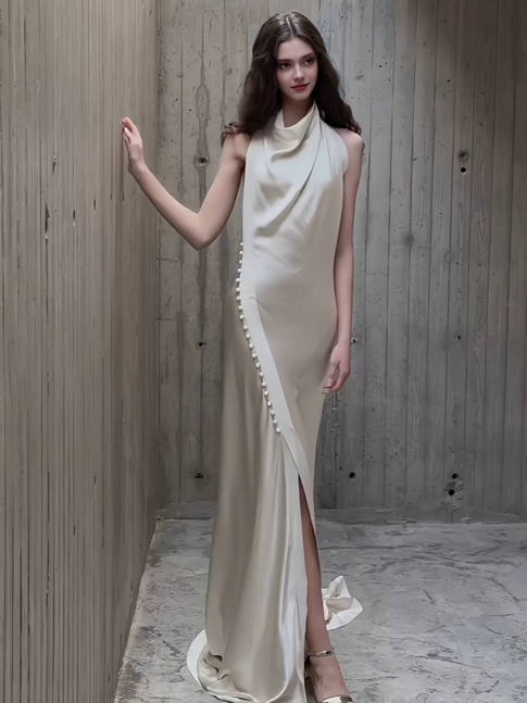Vintage Sheath High Neck Satin Wedding Dress Bride Gown Fairytale Wedding Dresses AU479