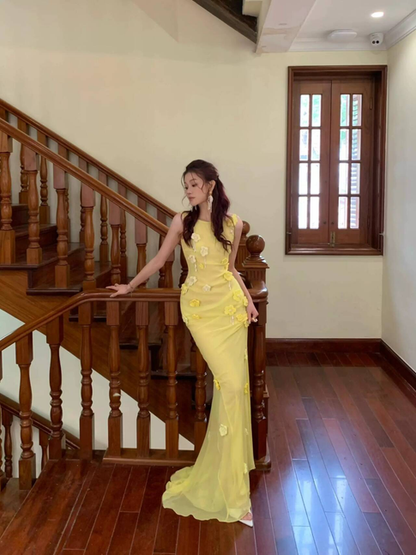 Elegant Mermaid Scoop Neck Yellow Lace Satin Prom Dresses Party Dress 16th Birthday Outfits Senior Graduation Dress AU481