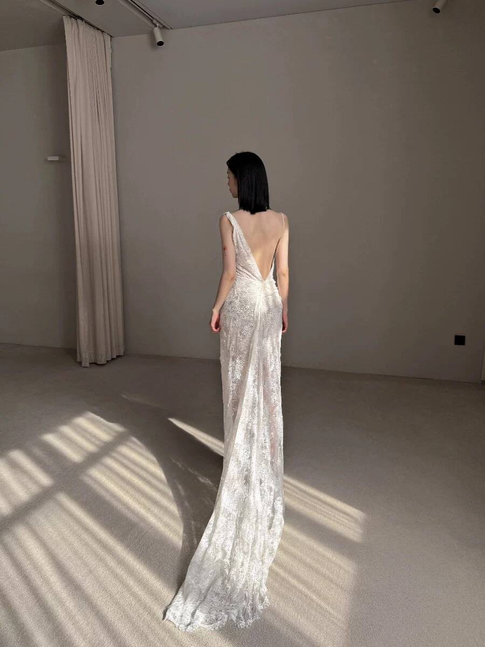 Vintage Mermaid Lace White Wedding Gown Long Fairytale Brides Gown Wedding Dresses AU483