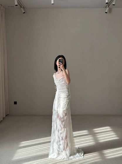 Vintage Mermaid Lace White Wedding Gown Long Fairytale Brides Gown Wedding Dresses AU483
