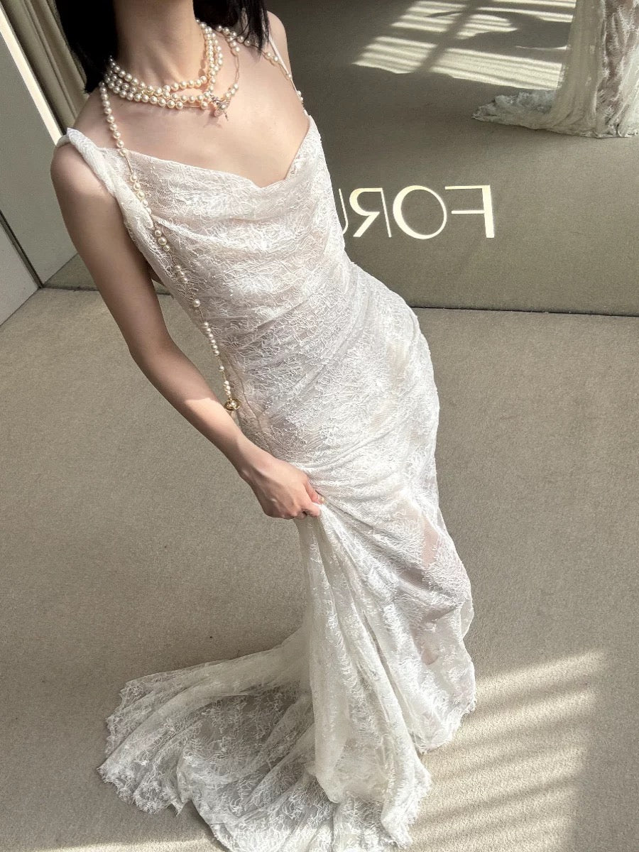 Vintage Mermaid Lace White Wedding Gown Long Fairytale Brides Gown Wedding Dresses AU483
