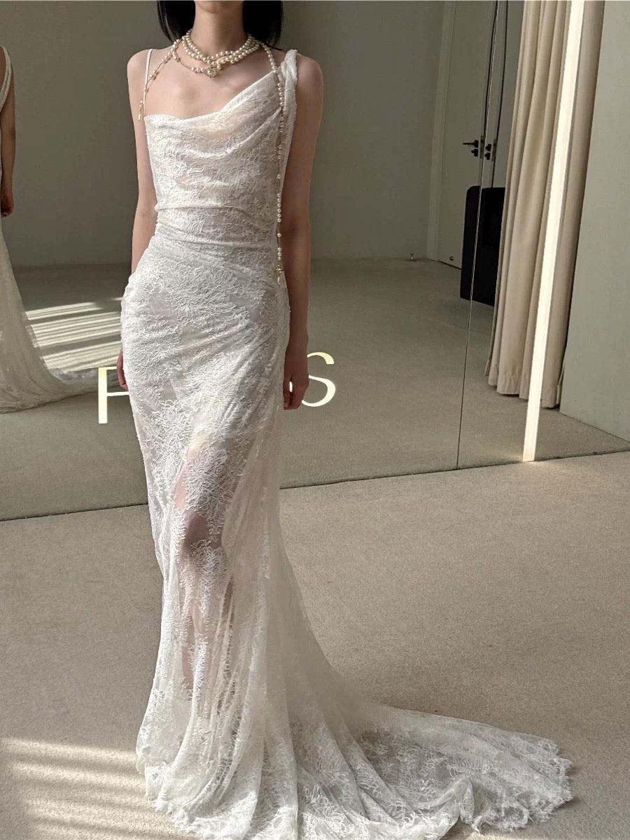Vintage Mermaid Lace White Wedding Gown Long Fairytale Brides Gown Wedding Dresses AU483