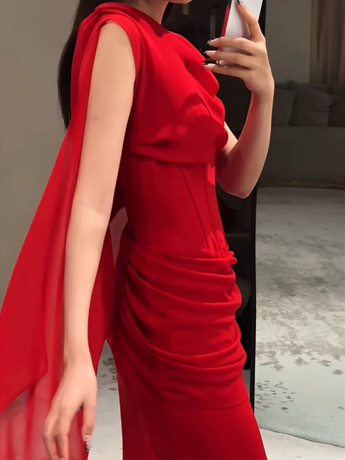 Classy Mermaid Cowl Neck Red Chiffon Long Prom Dresses Inspiration Prom Dress Senior Graduation Dress AU487