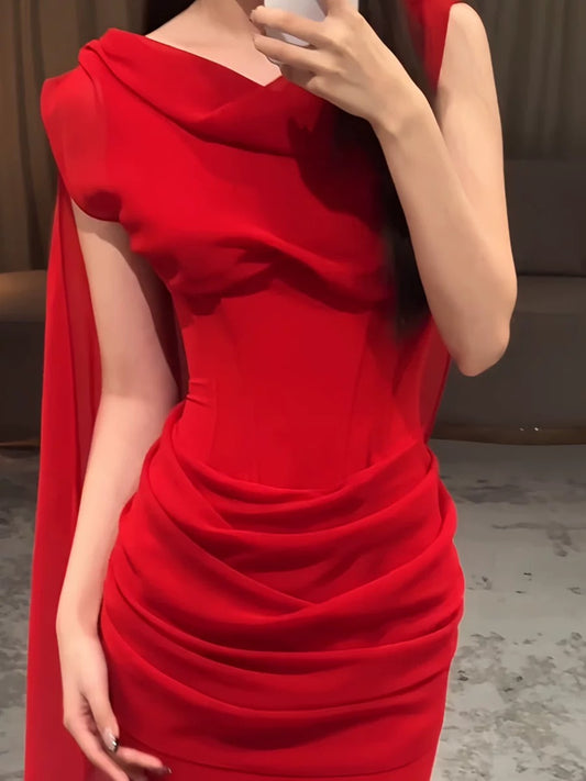 Classy Mermaid Cowl Neck Red Chiffon Long Prom Dresses Inspiration Prom Dress Senior Graduation Dress AU487