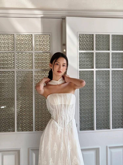 Vintage A line Strapless White Lace Wedding Dress Bride Gown Fairytale Wedding Dresses AU488