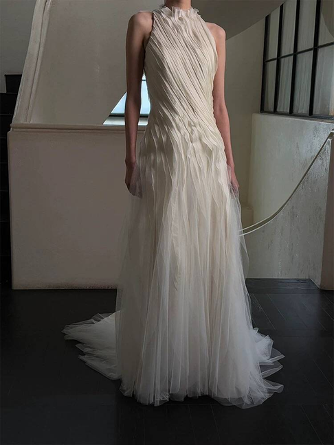 Vintage Mermaid High Neck Tulle Wedding Gown Long Fairytale Brides Gown Wedding Dresses AU488