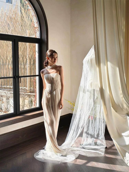 Vintage A line Strapless White Lace Wedding Dress Bride Gown Fairytale Wedding Dresses AU488