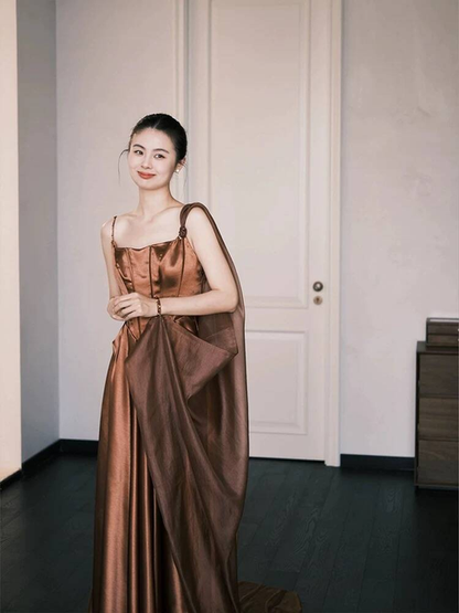 Vintage A line Spaghetti Straps Brown Long Prom Dresses Party Dress 16th Birthday Outfits Senior Graduation Dress AU490