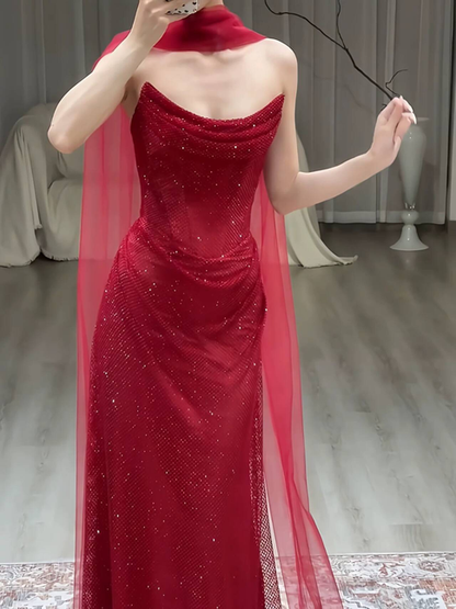 Classy Mermaid Sweetheart Neck Red Sequin Long Prom Dresses Inspiration Prom Dress Senior Graduation Dress With Scarf AU491