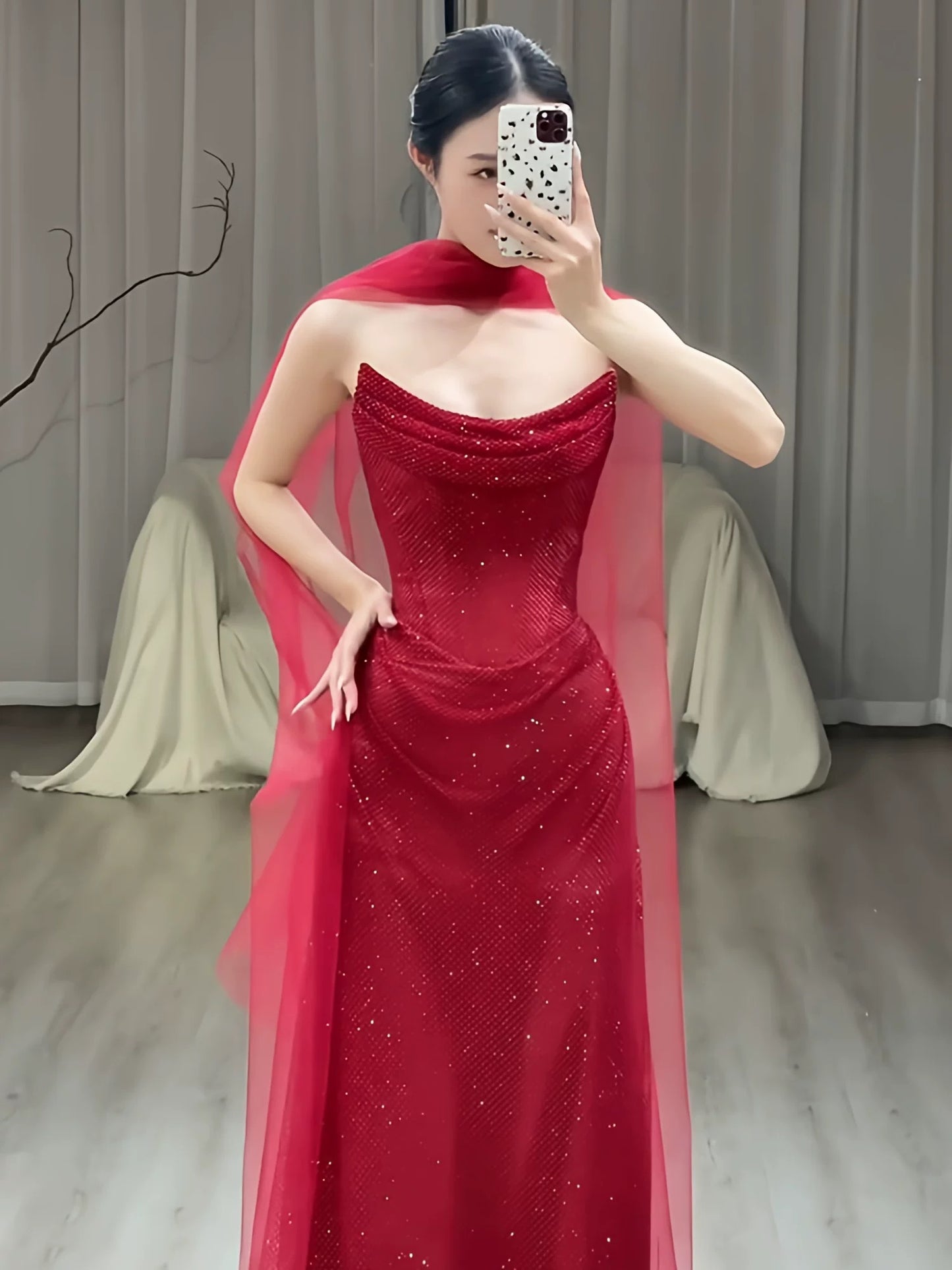 Classy Mermaid Sweetheart Neck Red Sequin Long Prom Dresses Inspiration Prom Dress Senior Graduation Dress With Scarf AU491