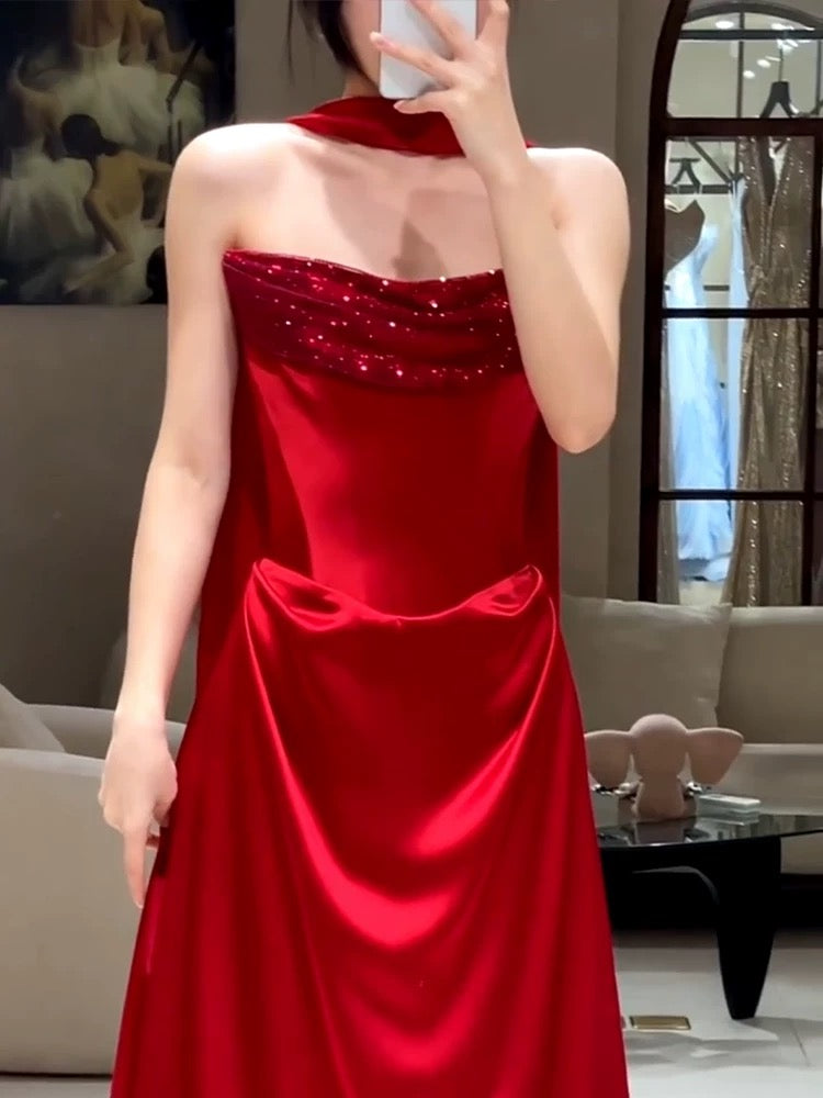 Classy Mermaid Sweetheart Neck Red Satin Long Prom Dresses Inspiration Prom Dress Senior Graduation Dress With Scarf AU492