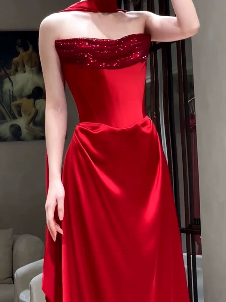 Classy Mermaid Sweetheart Neck Red Satin Long Prom Dresses Inspiration Prom Dress Senior Graduation Dress With Scarf AU492