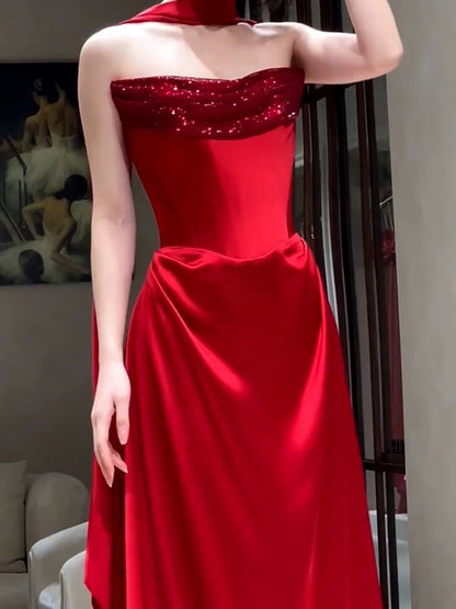 Classy Mermaid Sweetheart Neck Red Satin Long Prom Dresses Inspiration Prom Dress Senior Graduation Dress With Scarf AU492