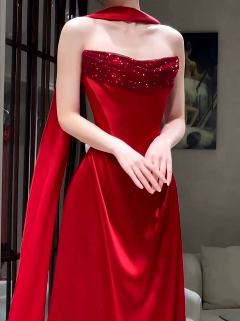 Classy Mermaid Sweetheart Neck Red Satin Long Prom Dresses Inspiration Prom Dress Senior Graduation Dress With Scarf AU492