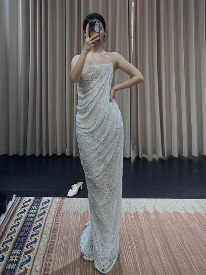 Elegant Sheath Strapless White Lace Wedding Gown Fairy Bride Gown Wedding Dresses AU496