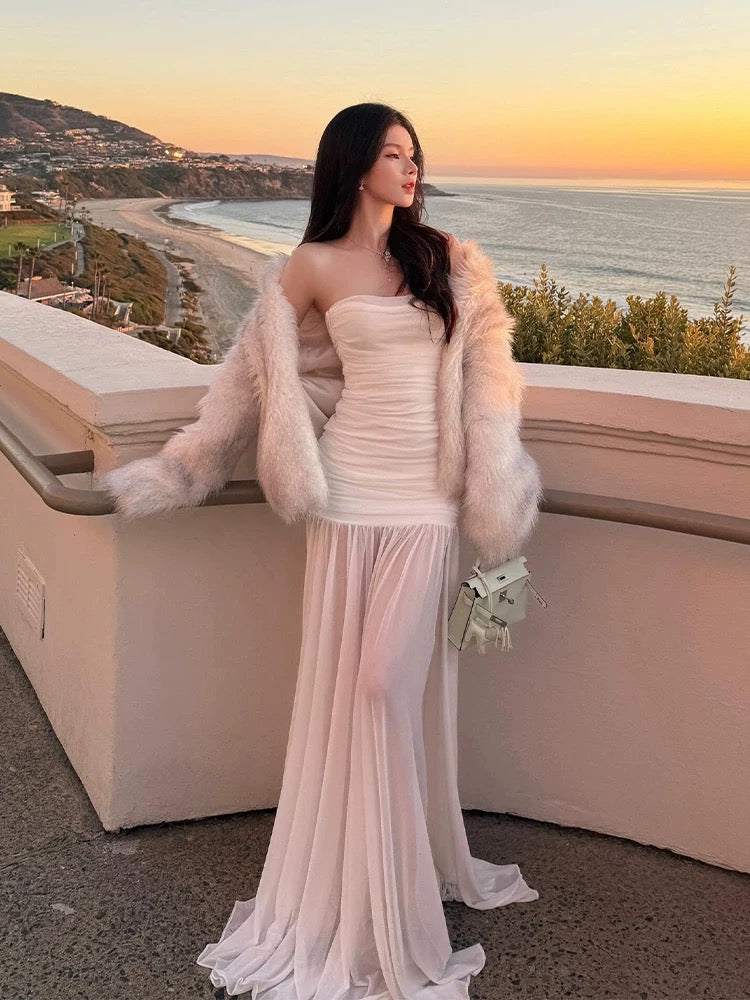 Classy Mermaid Strapless White Chiffon Long Prom Dresses Inspiration Prom Dress Senior Graduation Dress AU497