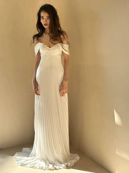 Dream A Line Off The Shoulder White Chiffon Wedding Dress Styles Long Fairytale Brides Gown Wedding Dresses Ideas AU498