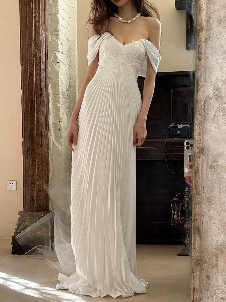 Dream A Line Off The Shoulder White Chiffon Wedding Dress Styles Long Fairytale Brides Gown Wedding Dresses Ideas AU498