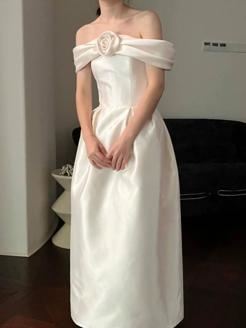 Cute A line Off The Shoulder Satin Ankle Length Wedding Dress Bride Gown Fairytale Wedding Dresses AU516