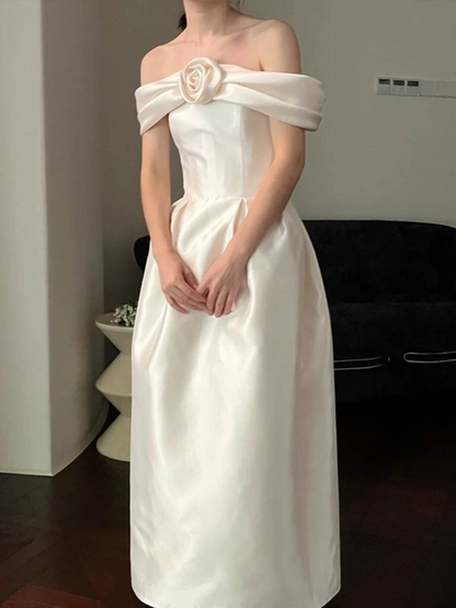 Cute A line Off The Shoulder Satin Ankle Length Wedding Dress Bride Gown Fairytale Wedding Dresses AU516