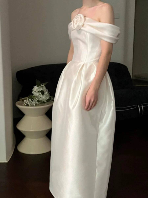 Cute A line Off The Shoulder Satin Ankle Length Wedding Dress Bride Gown Fairytale Wedding Dresses AU516