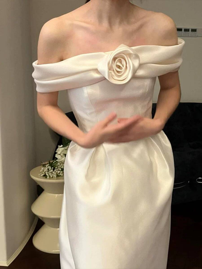Cute A line Off The Shoulder Satin Ankle Length Wedding Dress Bride Gown Fairytale Wedding Dresses AU516