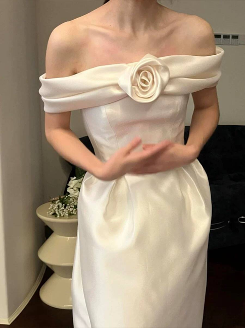 Cute A line Off The Shoulder Satin Ankle Length Wedding Dress Bride Gown Fairytale Wedding Dresses AU516