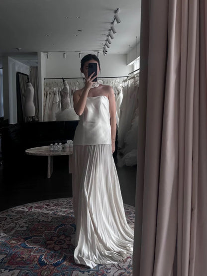 Dream A Line Strapless White Chiffon Pleated Wedding Dress Styles Long Fairytale Brides Gown Wedding Dresses Ideas AU516