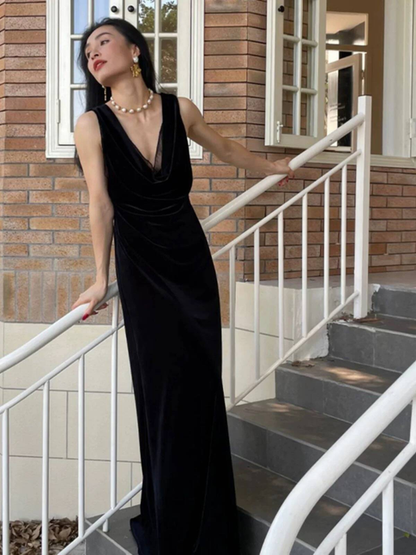 Vintage Mermaid V Neck Black Velvet Prom Dresses Long Party Dress 22th Birthday Outfits Graduation Dress AU517