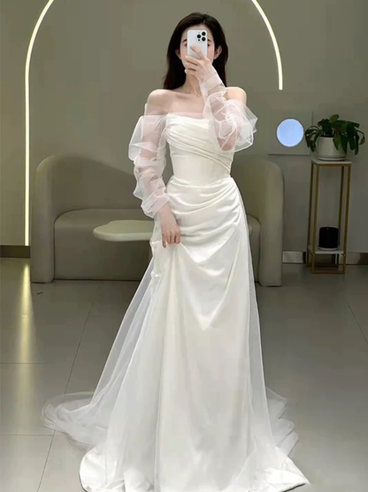 Dream Mermaid Strapless White Satin Pleated Wedding Dress With Sleeves Styles Long Fairytale Brides Gown Wedding Dresses Ideas AU520