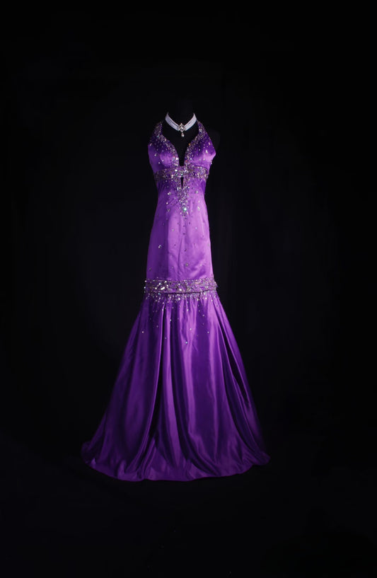 Vintage Mermaid Halter Grape Floor Length Prom Dress Silver Beads Inspiration Long Prom Dresses AU523