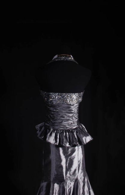 Vintage Mermaid Halter Gray Floor Length Prom Dress Silver Beads Inspiration Long Prom Dresses AU525