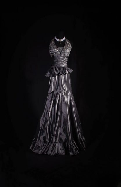 Vintage Mermaid Halter Gray Floor Length Prom Dress Silver Beads Inspiration Long Prom Dresses AU525