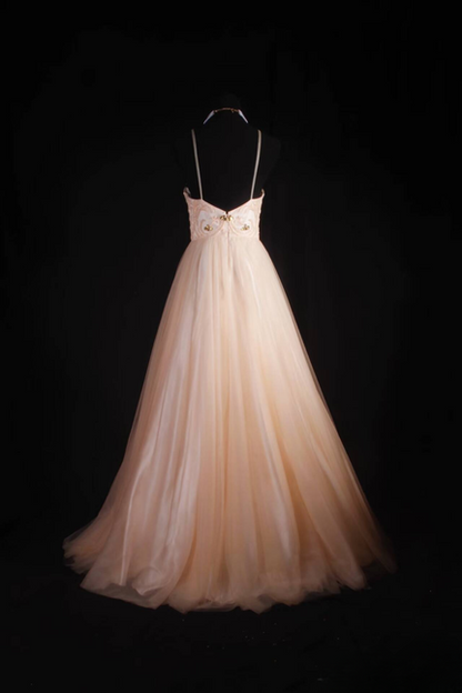 Retro Ball Gown Straps Blush Pink Tulle Floor Length Prom Dress Inspiration Long Prom Dresses AU528