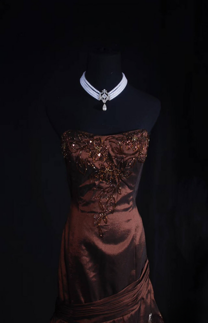 Vintage Mermaid Strapless Taffeta Floor Length Prom Dress Beads Inspiration Long Prom Dresses AU529