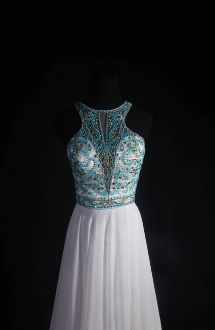 Classic A Line Scoop Neckline Beads Sequins Chiffon Long Prom Dress Inspiration Party Senior Dance Prom Dresses AU532