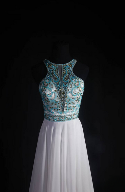 Classic A Line Scoop Neckline Beads Sequins Chiffon Long Prom Dress Inspiration Party Senior Dance Prom Dresses AU532