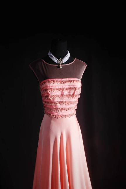 Vintage A line Scoop Pink Beads Long Prom Dresses Party Dress Princess Graduation Dress AU534