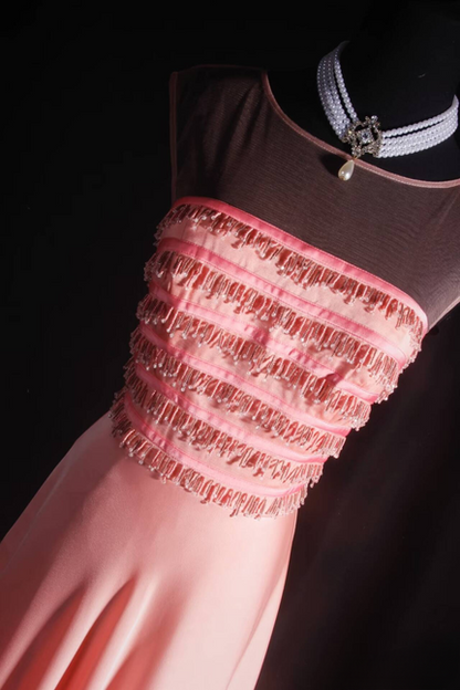 Vintage A line Scoop Pink Beads Long Prom Dresses Party Dress Princess Graduation Dress AU534
