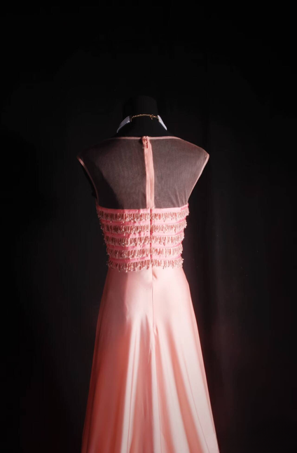 Vintage A line Scoop Pink Beads Long Prom Dresses Party Dress Princess Graduation Dress AU534