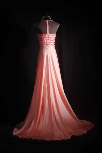 Vintage A line Scoop Pink Beads Long Prom Dresses Party Dress Princess Graduation Dress AU534