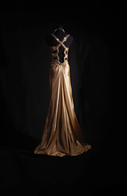 Classic Mermaid V Neckline Beads Sequins Gold Satin Backless Long Prom Dress Inspiration Party Senior Dance Prom Dresses AU535