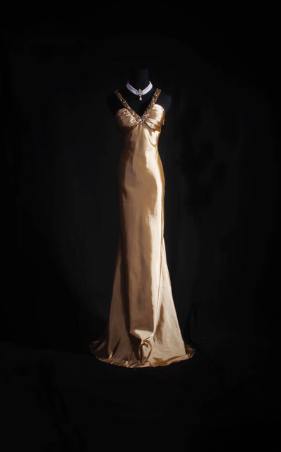 Classic Mermaid V Neckline Beads Sequins Gold Satin Backless Long Prom Dress Inspiration Party Senior Dance Prom Dresses AU535