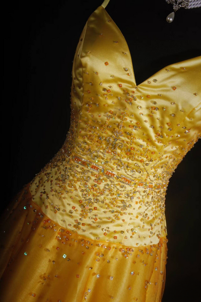 Retro High Low Spaghetti Straps Yellow Satin Prom Dresses 2026 Prom Dress Princess Graduation Dress AU538