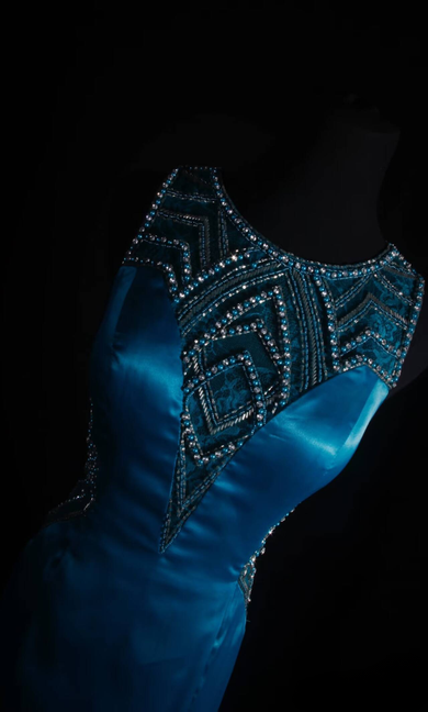 Classic Mermaid Jewel Neckline Silver Beads Sequins Blue Satin Backless Long Prom Dress Inspiration Party Senior Dance Prom Dresses AU541